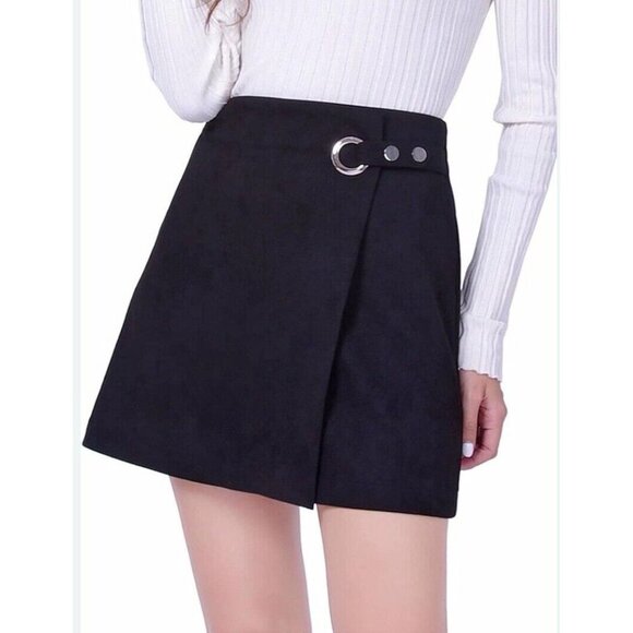 Patrizia Luca Milano Black Faux Suede Wrap Mini A Line Skirt Size M Minamalist - Picture 1 of 14